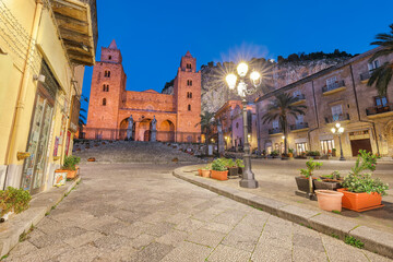 Astonishing evening view on  Cathedral-Basilica of Cefalu or Duomo di Cefalu and square Piazza del...