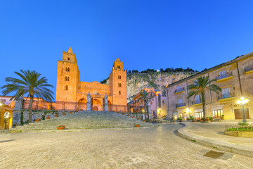Astonishing evening view on  Cathedral-Basilica of Cefalu or Duomo di Cefalu and square Piazza del Duomo
