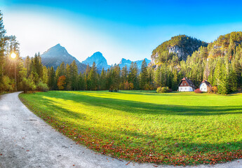 Gorgeous autumn scene of meadow near Schiederweiher