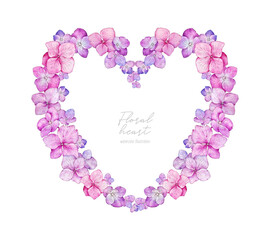 Watercolor wreath heart with Hydrangea flowers. Hand painted botanical Hydrangea on white background. Delicate pink lilac flowers. Hand drawn illustration for wedding invitations, prints