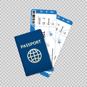 International passport and tickets on plane. Vector illustration with realistic international passport and tickets on plane. 3d realistic vector objects isolated on checkered background.
