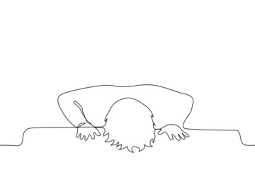 man put his head and palms on the table - one line drawing vector. the concept of fatigue, inconsolability, despair
