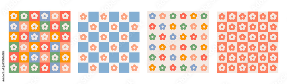 Aufkleber Trendy set seamless patterns with  geometric shaped flowers and checkerboard. Colorful vector background in retro style 60s, 70s.	
