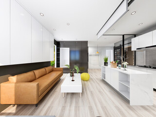 3D rendering, spacious living room design of modern residence, with sofa, tea table, decorative painting, etc