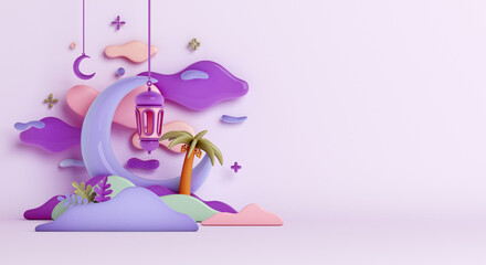 Islamic decoration background with crescent moon, lantern, leaves cartoon style, ramadan kareem, mawlid, iftar, isra  miraj, eid al fitr adha, muharram, copy space, 3D illustration.
