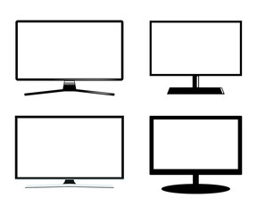 Set of TV flat screen lcd, plasma, tv mock up. white blank HD monitor 6K TV flatmockup. Modern video panel white flatscreen.Vector Illustration. Widescreen show your business presentation on display.