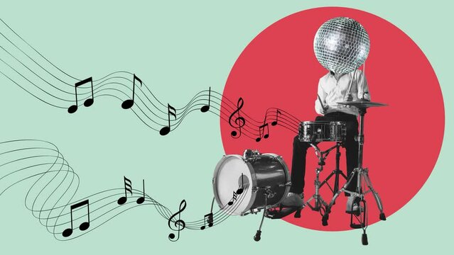 Contemporary art collage, modern design. Retro style. Stylish performer playing drums on pastel color background. 4k. Stop motion and 2D animation