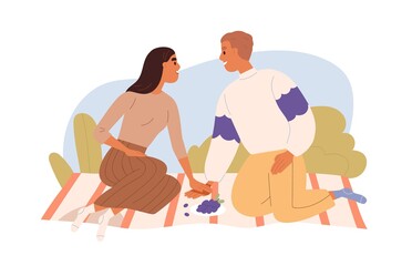 Love couple on picnic in nature. Romantic date of happy man and woman, relaxing together on blanket on summer holidays. Two enamored people. Flat vector illustration isolated on white background