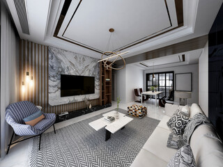 3D rendering, spacious living room design of modern residence, with sofa, tea table, decorative painting, etc