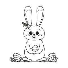 Happy Easter rabbit in doodle style. Cute outline rabbit, bunny for coloring. Rabbit Bunny Cartoon Outline Coloring Book or page for kids. Illustration Vector.