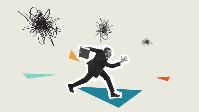 Young man, clerk in business clothes running on abstract background. 4k. Stop motion and 2D animation