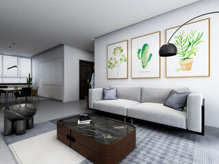 3D rendering, spacious living room design of modern residence, with sofa, tea table, decorative painting, etc