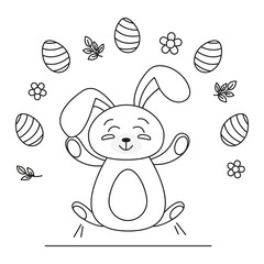 Happy Easter rabbit in doodle style. Cute outline rabbit, bunny for coloring. Rabbit Bunny Cartoon Outline Coloring Book or page for kids. Illustration Vector.