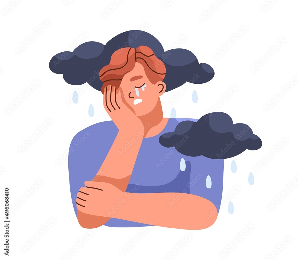 Wall mural sad depressed person crying. depression and mental disorder, psychology concept. unhappy man with ra