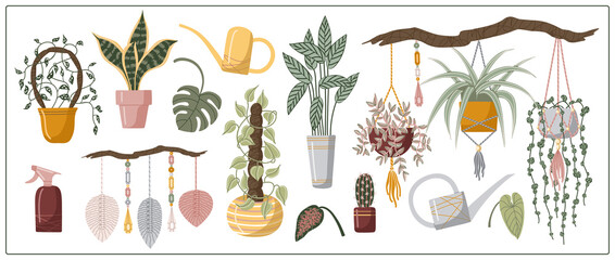 Set hand drawn vector isolated elements of houseplant. A flower in a pot. Indoor plants. Garden accessories. Home gardening. Color image on a white background..