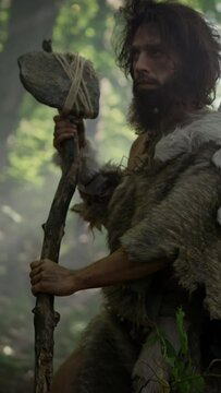 Portrait of Primeval Caveman Wearing Animal Skin and Fur Hunting with Stone Tipped Spear in the Prehistoric Forest. Neanderthal Scavenging with Primitive Tools. Video Footage with Vertical Screen
