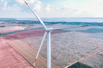 Aerial view of wind turbine on a field in Ukraine