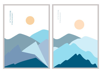 Vector illustration mountain landscape poster. Geometric landscape background in asian japanese style. Abstract symbol for print, poster, sticker, card design. 