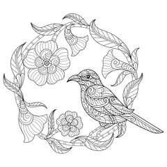 Bird and flowers hand drawn for adult coloring book