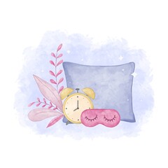 
Illustration of pillow and sleep mask. Healthy sleep. Rest
