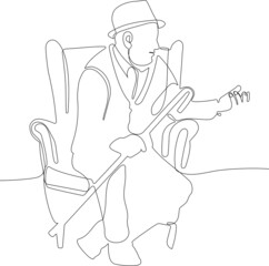 Continuous one line drawing of outline of mature man in a bathrobe sitting in an armchair and using a smartphone isolated on white background. Vector illustration