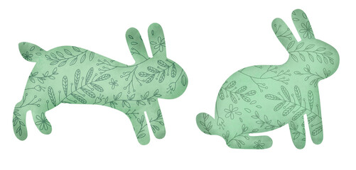 Set easter bunny turquoise silhouettes texture flower pattern illustration. Party garland template