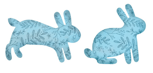 Set easter blue bunny silhouettes texture flower pattern illustration. Party garland template