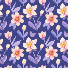 watercolor pattern with pink flowers and purple leaves on a white background, for textile, wrapping paper design pattern