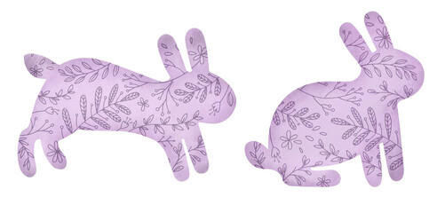 Set easter lilac bunny silhouettes texture flower pattern illustration. Party garland template