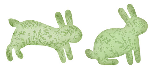 Set easter green bunny silhouettes texture flower pattern illustration. Party garland template