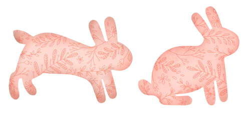 Set easter pink bunny silhouettes texture flower pattern illustration. Party garland template
