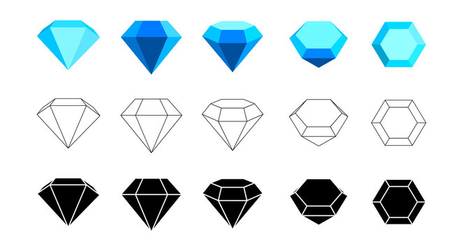 A set of diamonds (crystals) Diamonds are depicted from different sides, in color, just black icons, and an outline