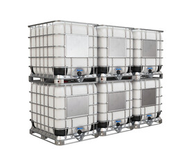 A stack of IBC containers for liquids in white on a white background, 3d render