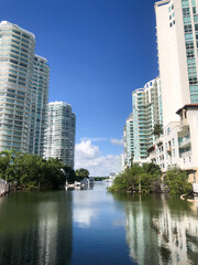 Miami Beach, Florida . The tall buildings of beachfront hotel, resorts and condominiums