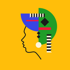 Modern geometric composition of various shapes.Background in the trend chart. Portrait of a young girl.