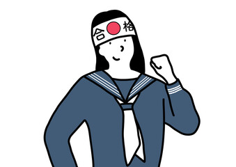 合格鉢巻を巻いた、受験生の女の子。セーラー服の高校生。