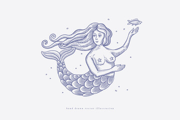Hand-drawn mermaid woman in engraving style. The sea siren is a medieval mythical creature symbol of the sea. Fantasy character for card design, logo, label, tattoo. Vintage illustration.