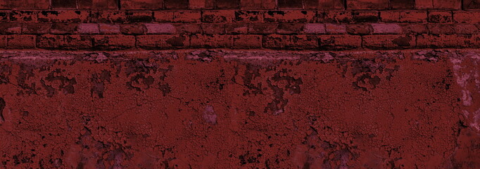 Old building basement with cracked plaster and peeling paint panorama. Dark red brick concrete wall...