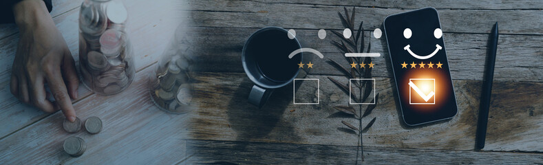 Obraz premium Customer service satisfaction survey concept.Business people or customers show satisfaction through the application on the tablet screen. By giving the most satisfaction rating and 5 stars.