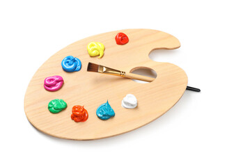 Palette with paints and brush on white background. Artist equipment
