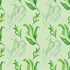Hand painted watercolor seamless green leaves pattern on light green background.Use for textile,fabrics,package design.