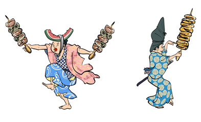 焼き鳥持って踊る人