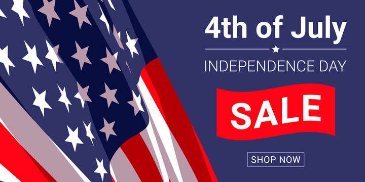 4th of July independence day sale. Vector banner design template with American flag and text on a dark blue background.