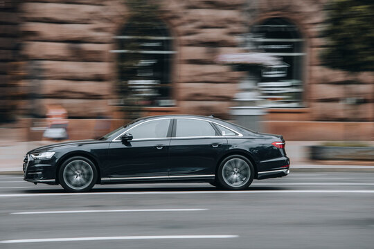 Ukraine, Kyiv - 2 August 2021: Black Audi A8 car moving on the street. Editorial