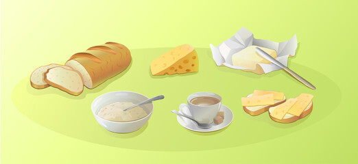 Breakfast. A cup of coffee with milk in a saucer with sugar and a spoon, sandwiches with cheese and butter, oatmeal porridge in a plate, a loaf, cheese and butter for breakfast on a green background.