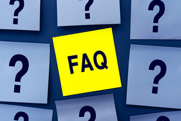 FAQ -frequently asked questions - inscription on yellow sticker. Financial, marketing and business...