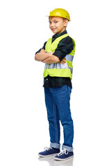 building, construction and profession concept - happy smiling little boy in protective helmet and safety vest with crossed arms over white background