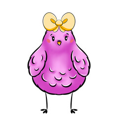 Beautiful digital illustration of Easter symbol nice pink Easter chick with cute yellow bow isolated on white background