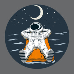 Astronaut lying on the inflatable mattress. Waves, stars and moon. Comic book style vector illustration.