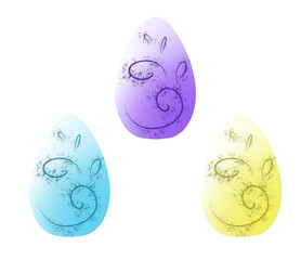 Cute set of three digital drawn colorful Easter eggs with curls for holiday design or decoration on white background